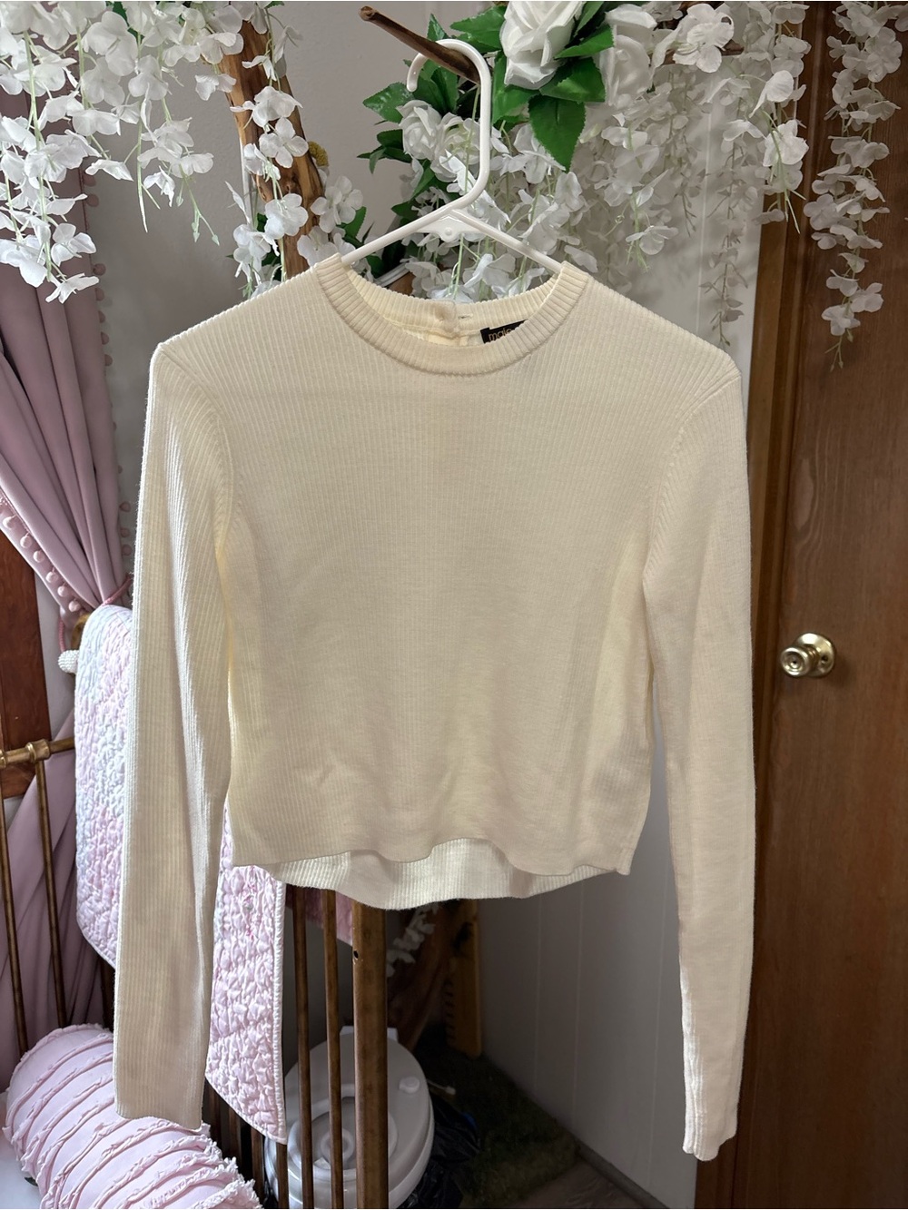 Maje Cream Ribbed Long-Sleeve Crewneck Top with diamond bows